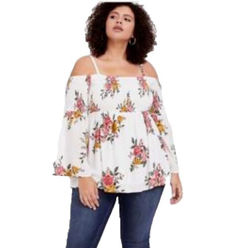 TORRID Women’s White Multicolor Floral Long Sleeve Cold Shoulder Blouse Size 00